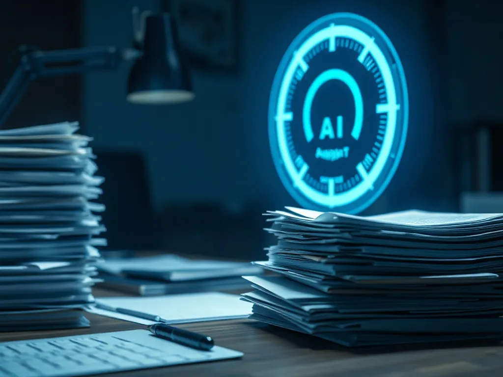 A professional office desk with stacks of papers and a glowi