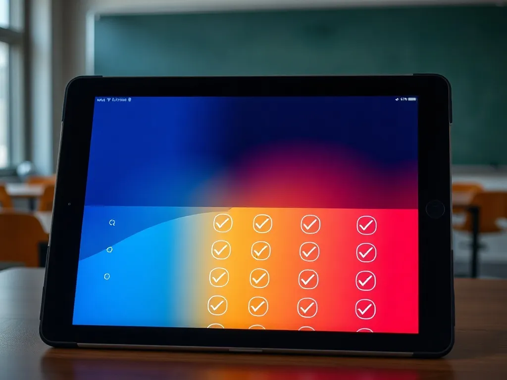 A modern classroom tablet showing a colorful interactive qui